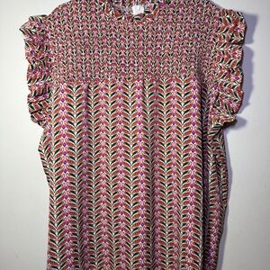 Chic Soul Women’s Boho Smocked Top with Geometric Pattern Pink Burgundy Size 3X